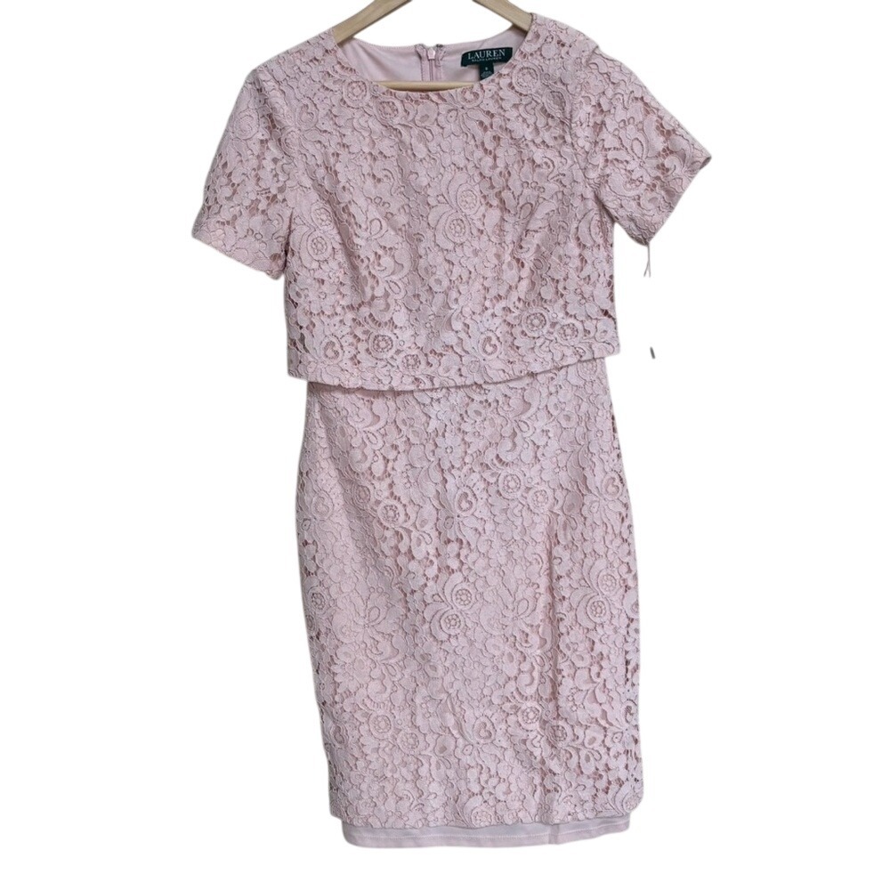 NWT Lauren Ralph Lauren Blush Pink Lace Sheath Dress Short Sleeve Size 0‎